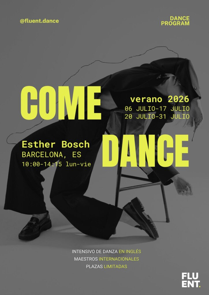 cartel para el curso intensivo de verano de Fluent y Esther Bosch dansa Barcelona. Sale una bailarina sobre una silla, vestida de negro y la información en amarillo fluorescente